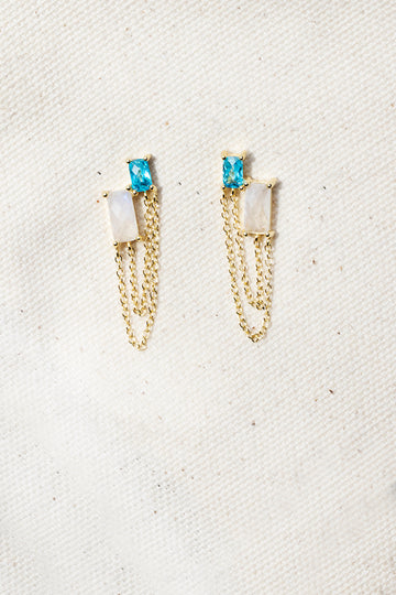 BESTIE BAGUETTE EARRINGS- RAINBOW MOONSTONE + PARAIBA